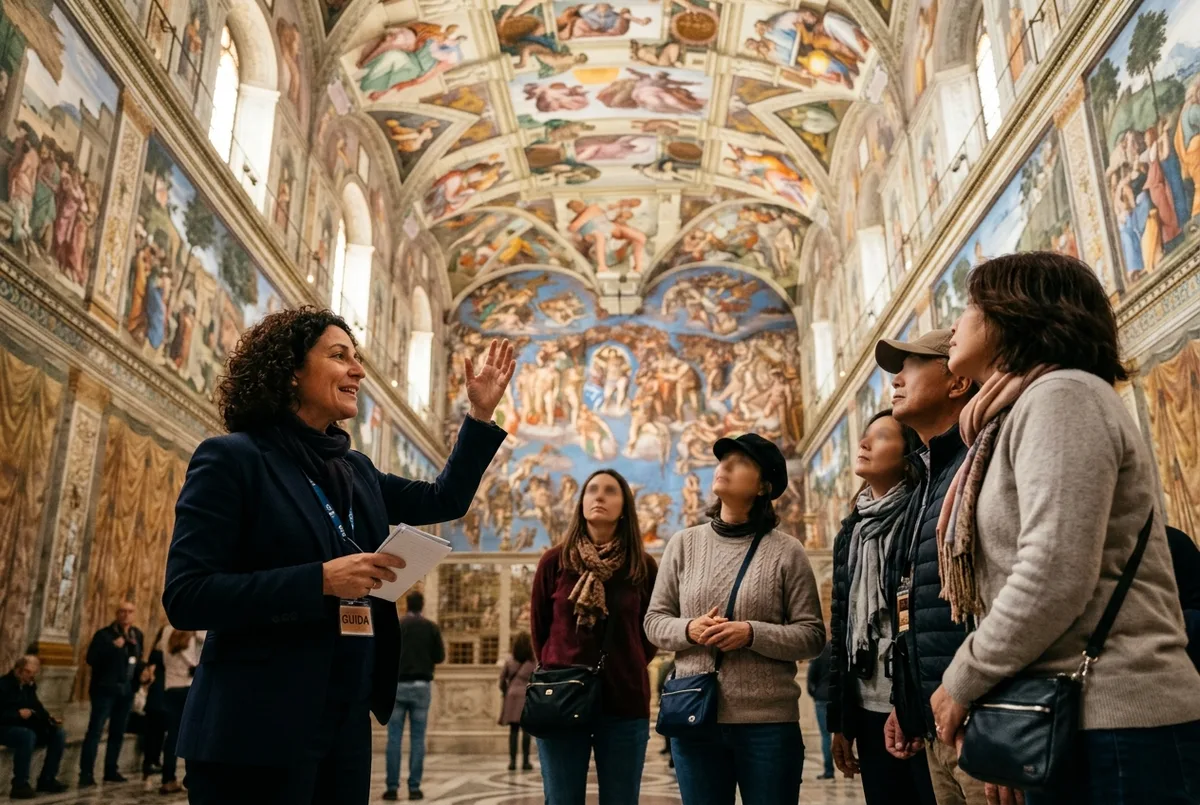 Guide francophone expliquant le plafond de la Chapelle Sixtine à un petit groupe attentif lors d'une visite guidée vatican français, lumière chaude de galerie