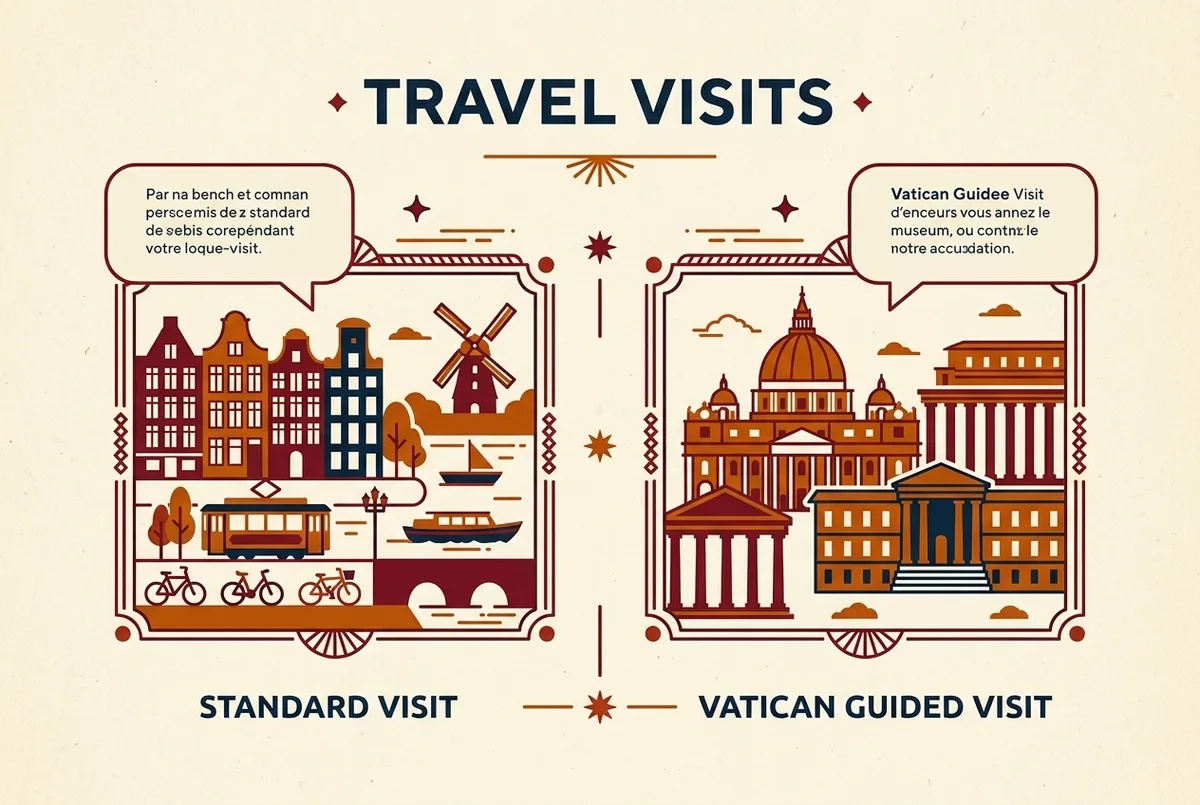 Infographie comparative simple montrant une icône Visite Standard en Anglais à côté d'une icône Visite Guidée Vatican Français avec des bulles de dialogue en français, générique et sans prix