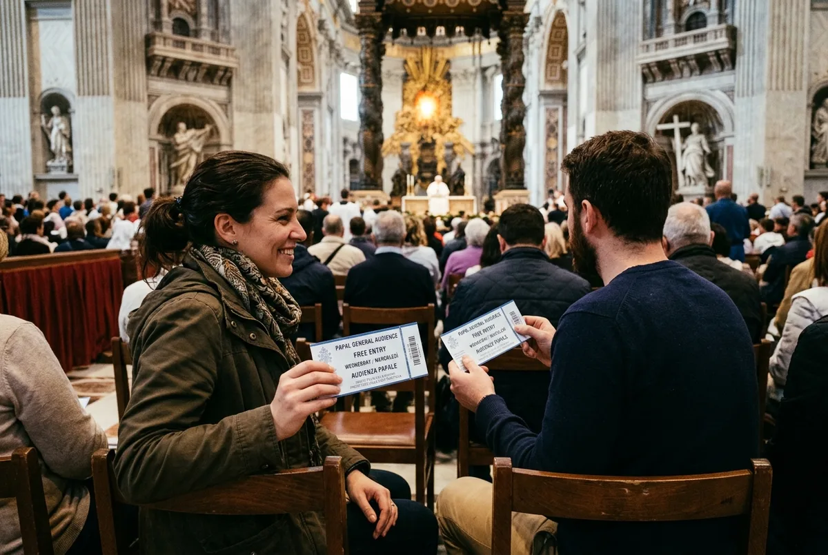 Travelers holding free papal general audience tickets while seated in St Peter's Square on a Wednesday morning, basilica dome rising behind the crowd