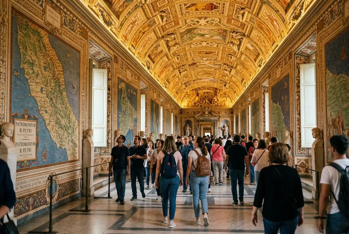 Travelers admiring the Gallery of Maps ceiling and painted map corridor inside the Vatican Museums, warm afternoon light, vatican museum highlights
