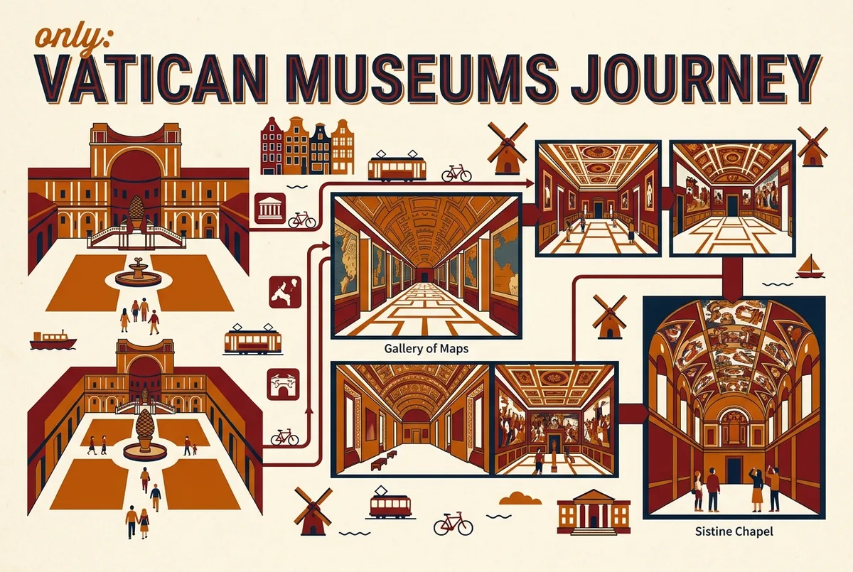 Room-by-room highlights map infographic of the Vatican Museums showing the route from the Pinecone Courtyard through the Gallery of Maps to the Raphael Rooms and Sistine Chapel, generic labels only